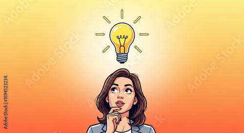 Woman having an idea with a lightbulb above her head on a colorful background with a thoughtful expression