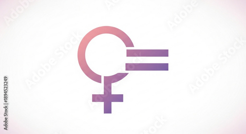 Vibrant pink and purple gradient venus symbol merged with equality sign on white background representing feminism and gender parity in a modern stylized design