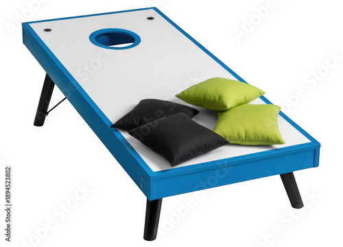 Blue and white cornhole board with black and green pillows isolated on a transparent background