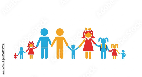 Colorful stick figure family holding hands in a line.