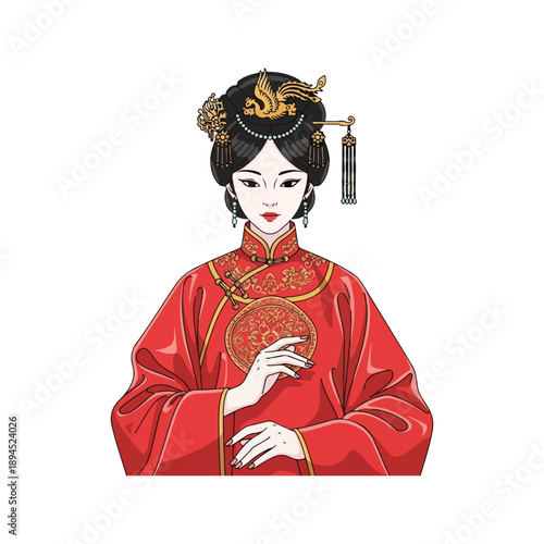 Traditional Chinese Woman in Red Dress and Phoenix Hairpin Illustration