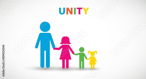 Colorful stick figures representing family unity and diversity.