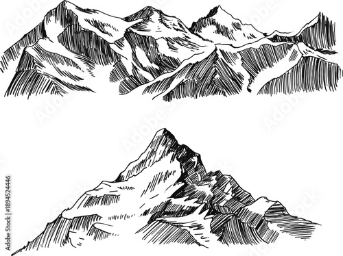Hand drawn mountain range vector sketch, vintage engraving style peaks, majestic nature landscape, outdoor adventure