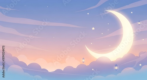 Crescent Moon in Cloudy Sky at Dusk.