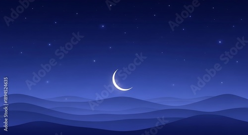 Crescent Moon Over Mountains Night Sky.