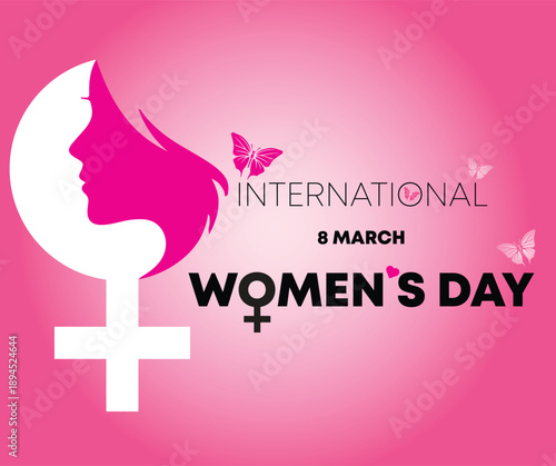 International Women’s Day Poster Design with Female Silhouette, Pink Theme and Butterflies