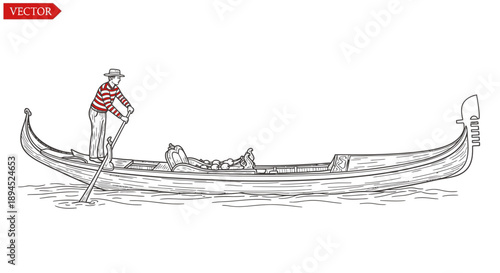 This elegant hand-drawn vector illustration captures a traditional Venetian gondola, expertly navigated by a classic gondolier, embodying the timeless romance of Italy.