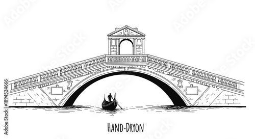 A beautifully detailed hand-drawn illustration captures the iconic Rialto Bridge in Venice, with a traditional gondola gracefully navigating the historic canal below.