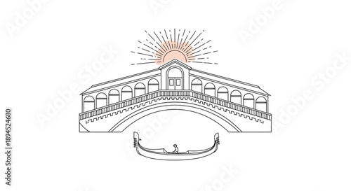 This elegant line art illustration captures the iconic Rialto Bridge in Venice, Italy, with a traditional gondola floating beneath, all set against a radiant sunburst.