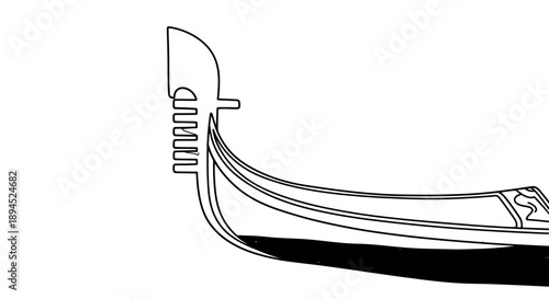 A clean black and white line art illustration of the ferro di prua, the iron prow of a Venetian gondola, symbolizing Italian heritage and romantic travel.