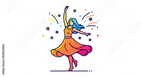 Woman dancing with colorful sparks and stars joyful carefree illustration