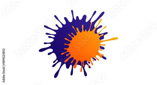 Vibrant orange and blue paint splatter on white background abstract artistic expression