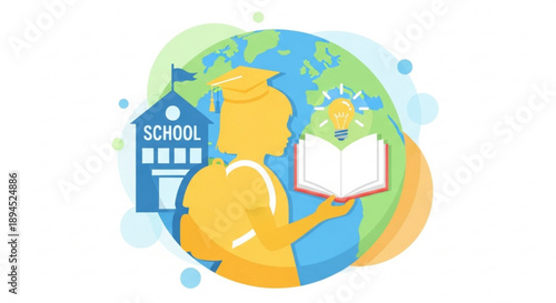 Student in graduation cap reads book with school building and globe background education concept