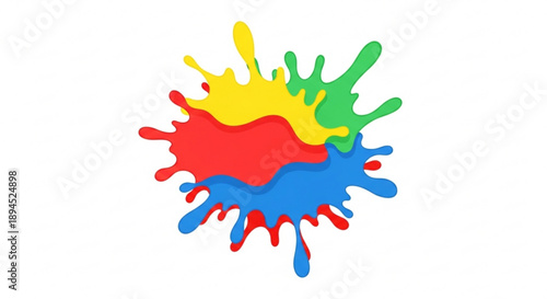 Vibrant colorful paint splatter in red blue yellow and green on white background for creative design