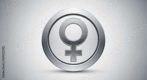 Silver female gender symbol icon on a circular metallic button with a reflective surface and subtle shadow effect