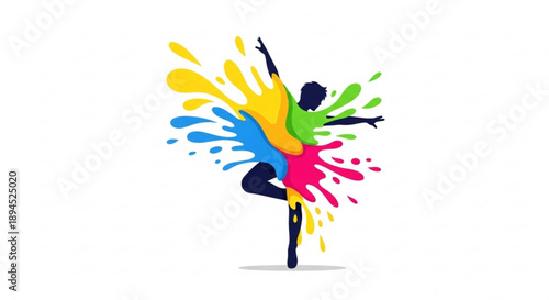 Person dancing with colorful paint splashes vibrant art design creative expression dance movement colorful background