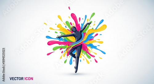 Vibrant dancer surrounded by colorful paint splashes in mid performance on white background with gray gradient