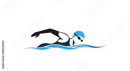Swimmer in blue cap and goggles swimming through wavy blue water on white background motion and movement vector illustration