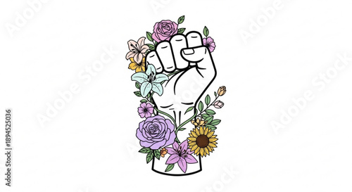 Fist surrounded by colorful flowers and leaves symbolizing strength and growth in a vibrant illustrative style