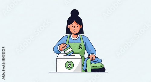 Woman recycling paper in a recycling bin with a green apron on a light background