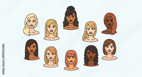 Diverse group of women with different hairstyles and skin tones smiling and looking happy on light background