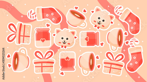 Warm coffee cups and winter stockings with hearts on peach background