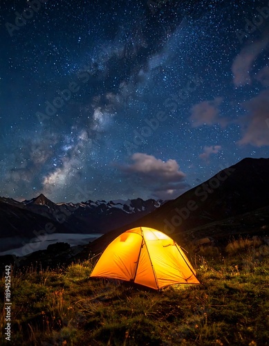Illuminated tent glows below a star-filled night sky, set against distant mountains in a serene, grassy landscape