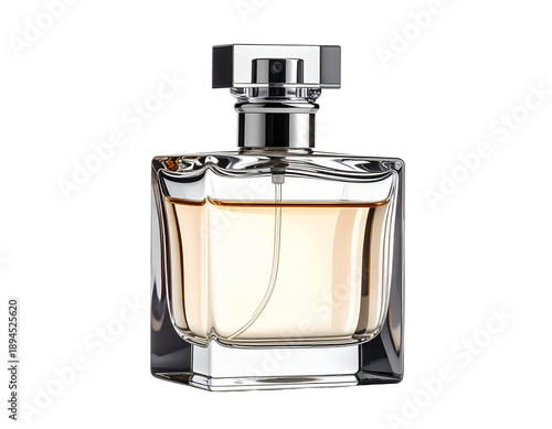 Elegant glass perfume bottle with golden liquid and metallic cap