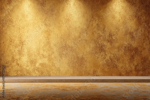 A textured gold wall with spot lights, a light brown shelf, and a muted stone floor