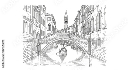 This black and white line art drawing captures the iconic beauty of a Venetian canal, featuring a gondola, an arched bridge, and historic buildings.