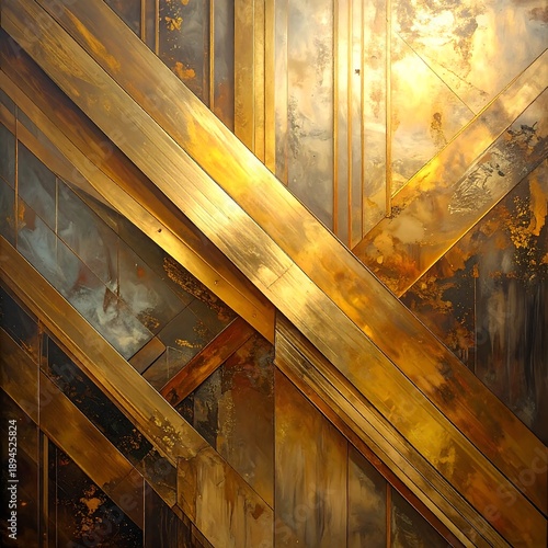 Intersecting golden and muted metallic panels create a dynamic, textured, and layered abstract geometrical composition