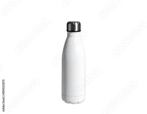 Sleek, white, insulated water bottle with a silver cap on a black background