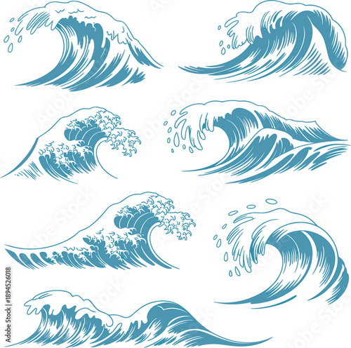 Ocean wave set, oriental sea water splash vector, vintage ukiyo-e style nautical nature illustration