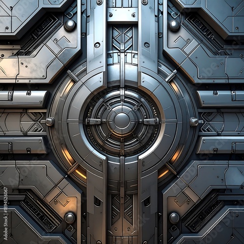 Intricate metal wall with a large central circular feature and detailed, symmetrical, layered panel design