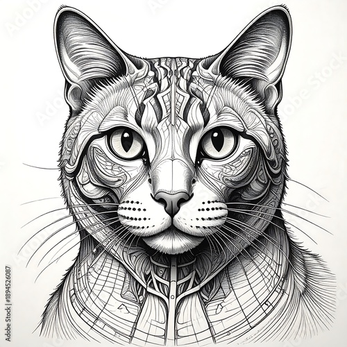 Intricate pen & ink portrait of a cat's face.  Details include swirling lines/patterns, adding a touch of mystique
