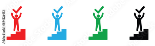 success achievement icon person on stairs with check mark progress motivation business goal