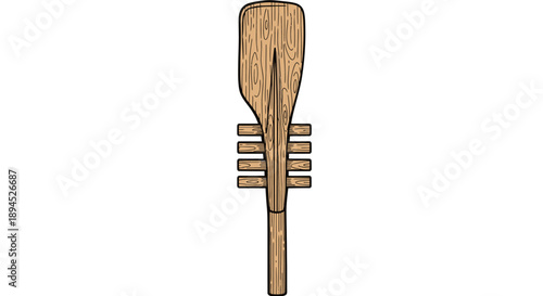An elegantly crafted wooden oar, featuring a broad blade and sturdy shaft, is presented as a clean vector graphic, symbolizing exploration and aquatic leisure activities.