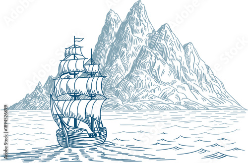 Vintage sailing ship on ocean waves, hand drawn nautical mountain landscape, retro maritime exploration vector