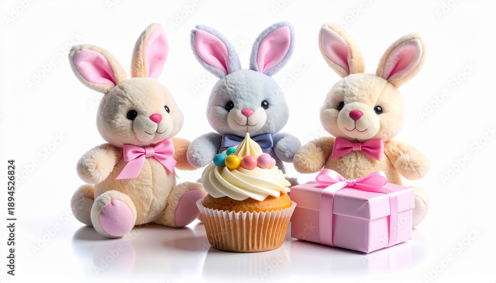 Obraz premium Three adorable easter bunny soft toys with cupcake and gift box isolated on transparent background