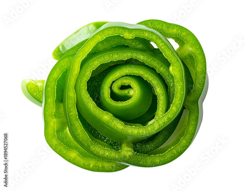 Sliced green bell pepper arranged in a spiral rosette pattern