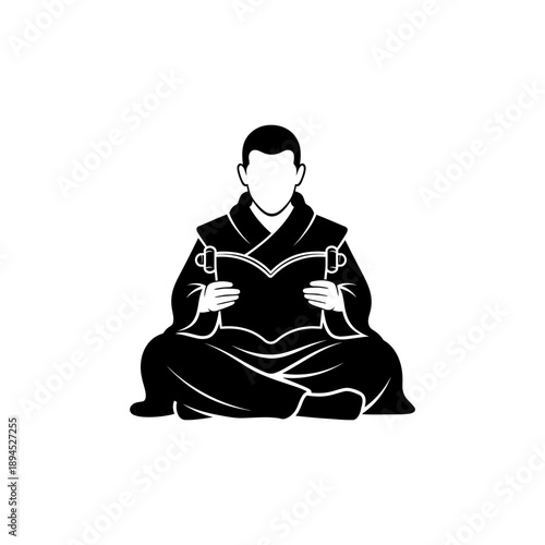 flat vector silhouette of seated monk reading scripture, minimal detail for Buddha Day (Vesak) celebrations