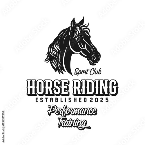 Horse Riding Sport Club Emblem Vector Design Monochrome Black White