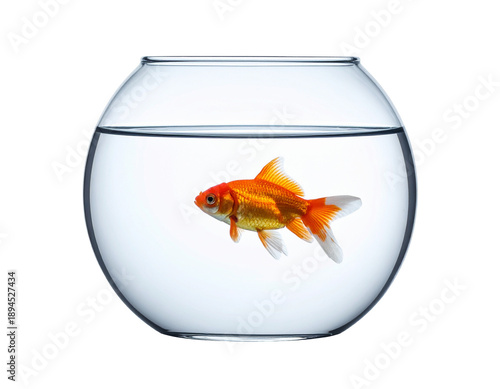 Single goldfish swims in a clear, spherical glass bowl filled with water