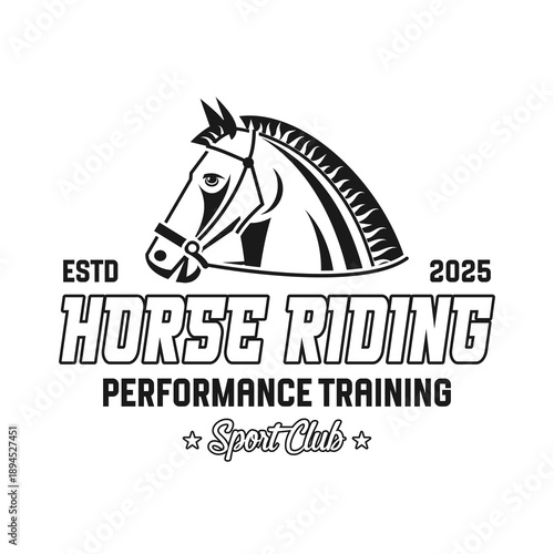 Horse Riding Sport Club Emblem Vector Design Monochrome Black White