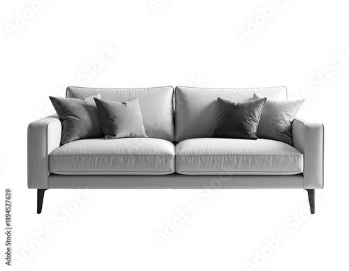 Modern, minimalist white sofa with plush gray cushions, on dark legs
