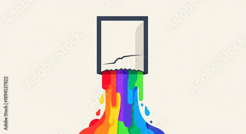 Vibrant rainbow colors pouring out of a cracked black frame on a beige background symbolizing creativity and freedom