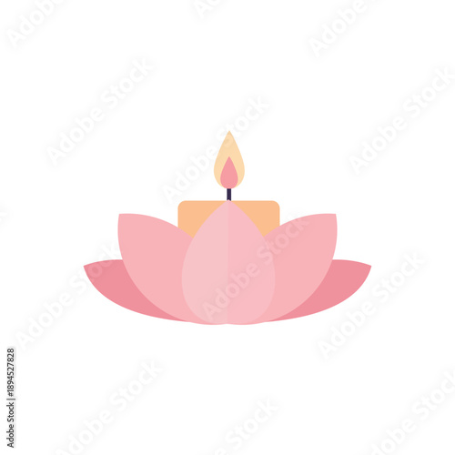 semi-flat vector icon of lotus lamp candle for Vesak celebration, soft pastel tones, simple flat shapes