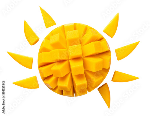 Sun-shaped mango creation with yellow slices radiating outwards