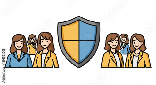 Diverse group of people protected by a shield symbolizing safety and security teamwork and collaboration