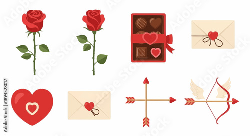 Valentine's Day icons collection featuring roses, hearts, chocolates, and Cupid's arrow illustrations